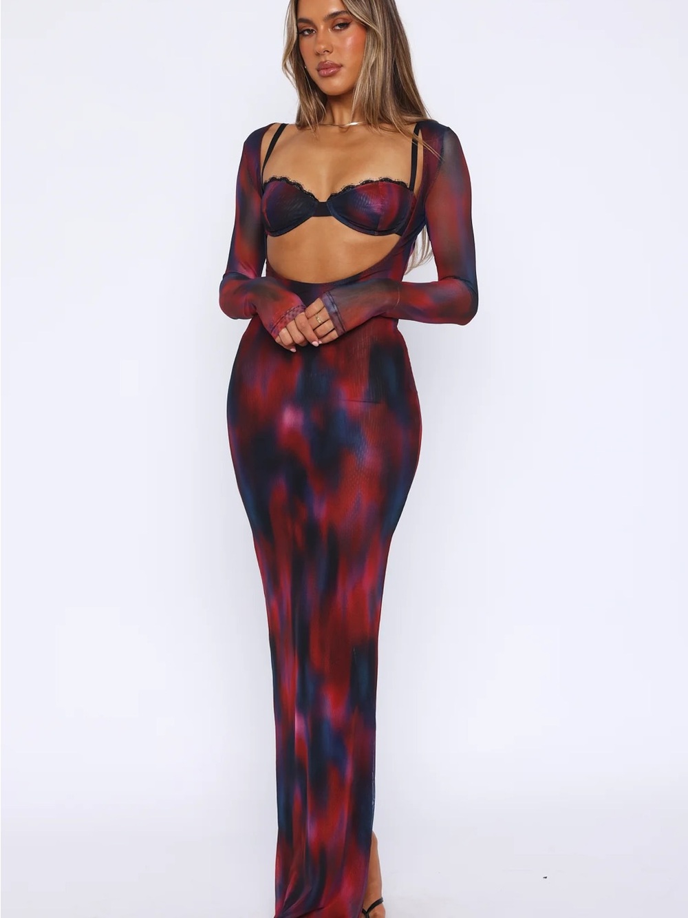 White Fox Boutique Multi-Color Sheer Long Sleeve Maxi Dress